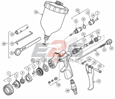 DeVilbiss Binks DVX gravity spray gun exploded parts view
