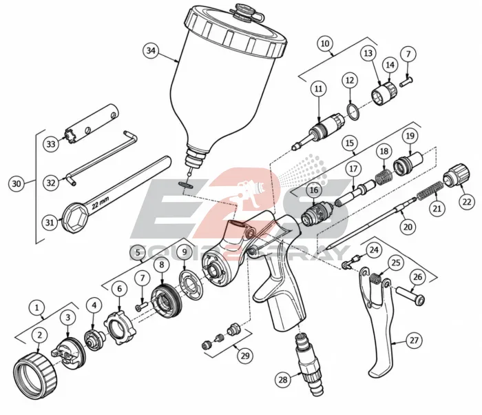 DVX Gravity Spray Gun DeVilbiss Binks DVX gravity spray gun exploded parts view