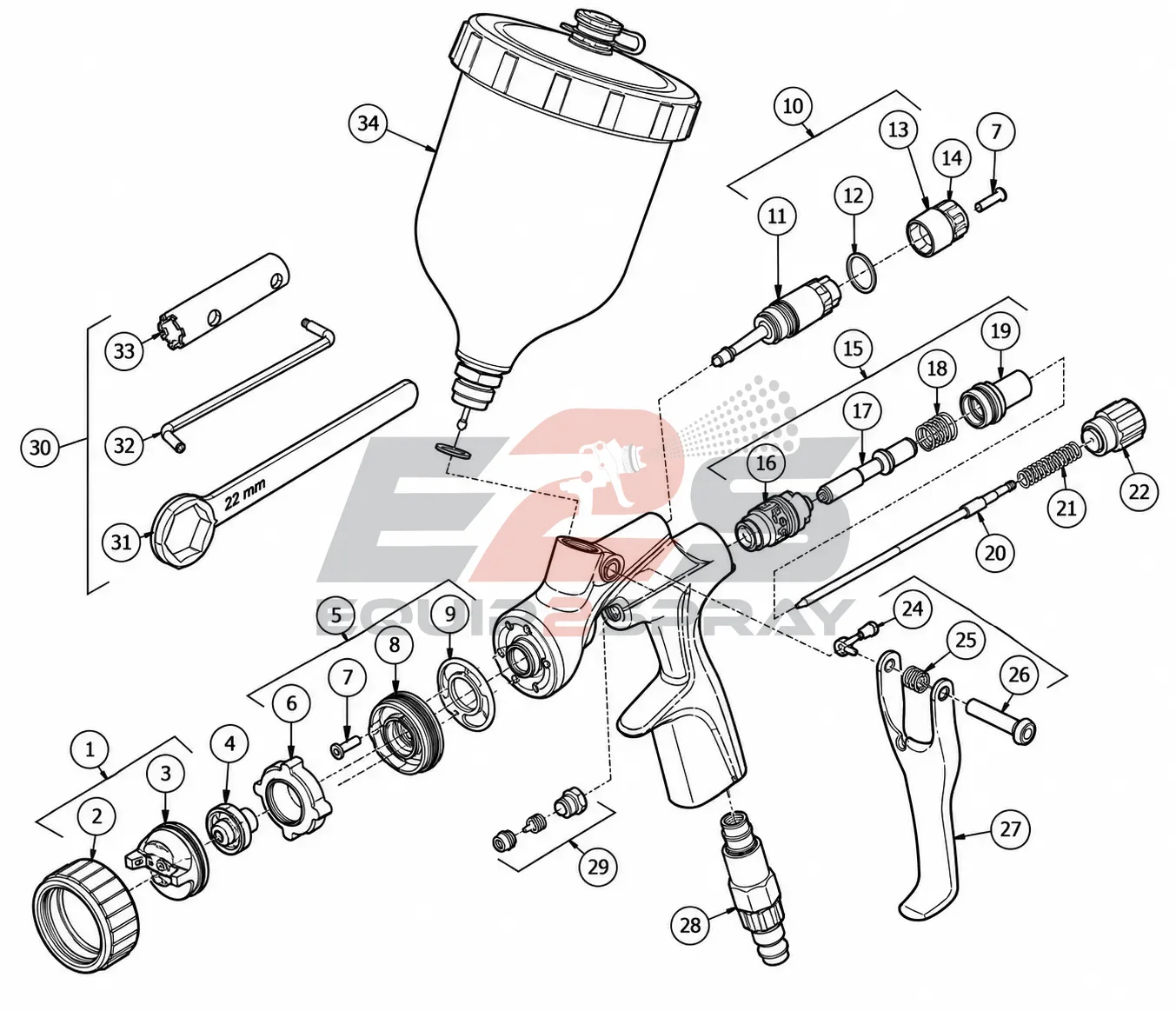 DeVilbiss / Binks DVX gravity spray gun parts diagram diagram