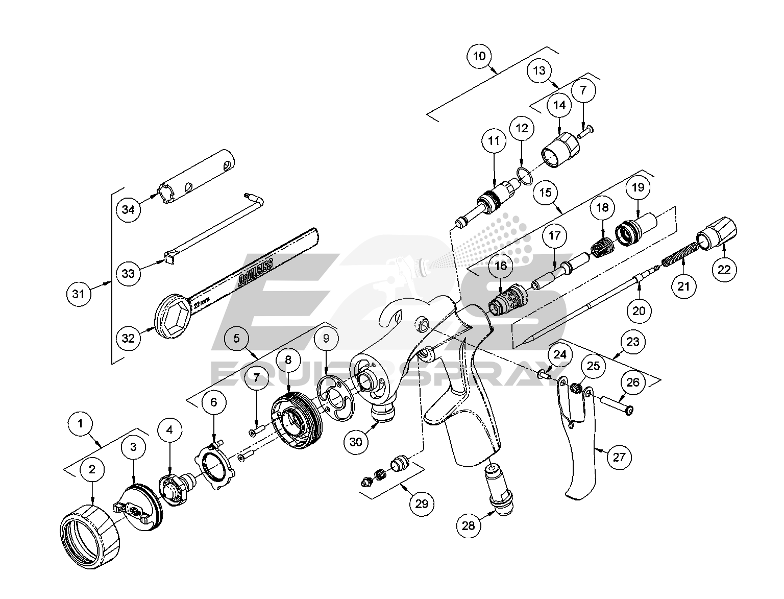 DeVilbiss / Binks DVX pressure spray gun parts diagram diagram